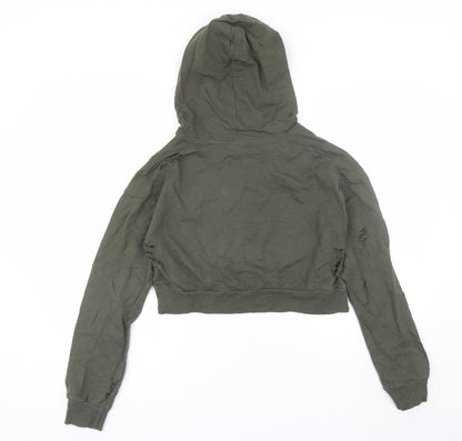 Back view of Select women’s green cotton pullover hoodie, size UK 8, - distressed