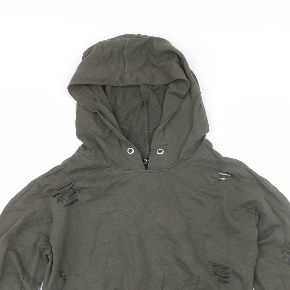 Close-up detail of Select women’s green cotton pullover hoodie, size UK 8, - distressed