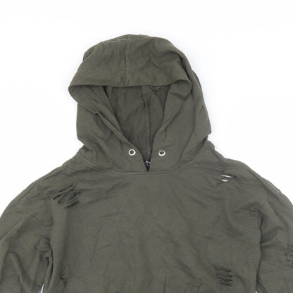 Close-up detail of Select women’s green cotton pullover hoodie, size UK 8, - distressed
