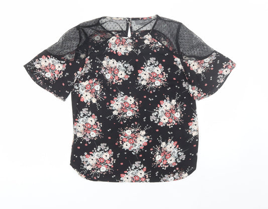 Primark Womens Black Floral Polyester Basic Blouse Size 6 Round Neck