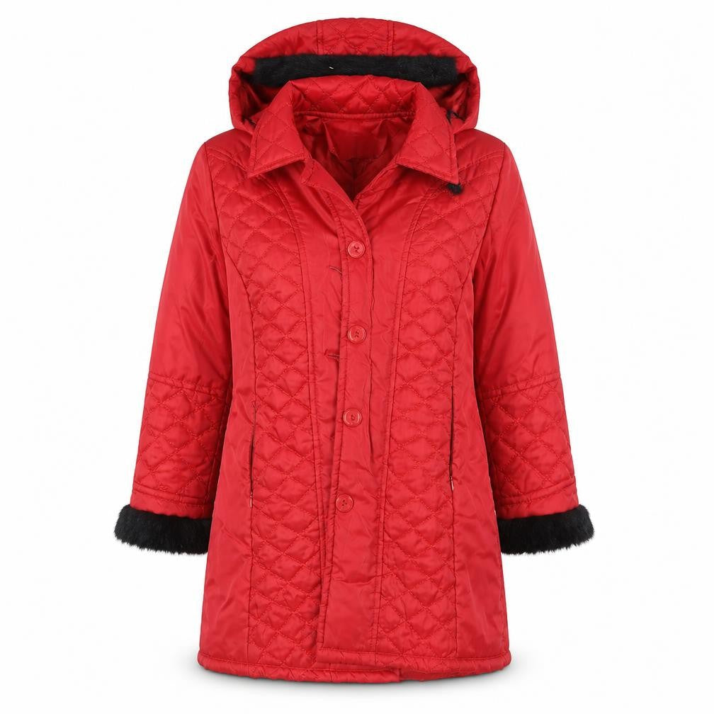 Front view of Sati women’s red parka jacket, size UK 8