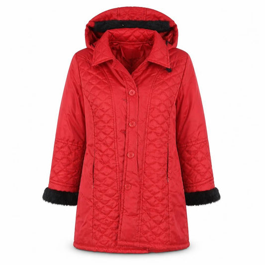 Front view of Sati women’s red parka jacket, size UK 8