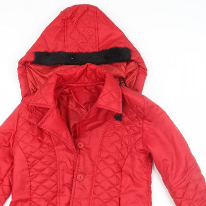 Close-up detail of Sati women’s red parka jacket, size UK 8