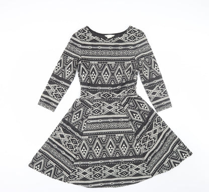 H&M Womens Black Geometric Polyester Shift  Size XS  Round Neck
