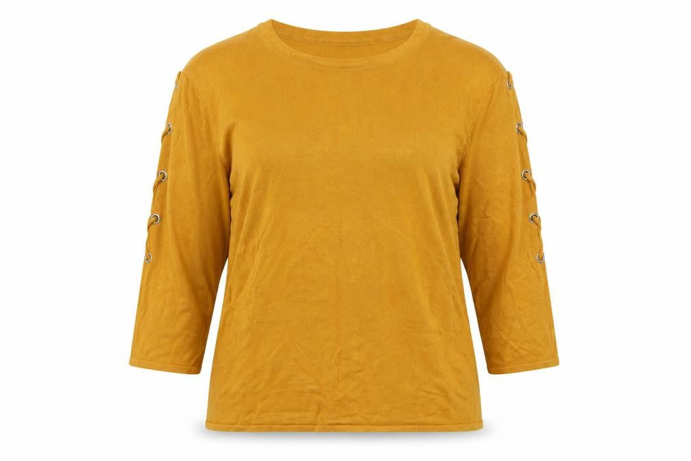 Front view of Peacocks women’s yellow crew neck viscose jumper, size UK 14