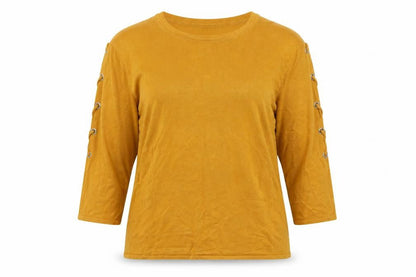 Front view of Peacocks women’s yellow crew neck viscose jumper, size UK 14