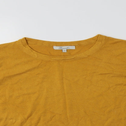 Close-up detail of Peacocks women’s yellow crew neck viscose jumper, size UK 14