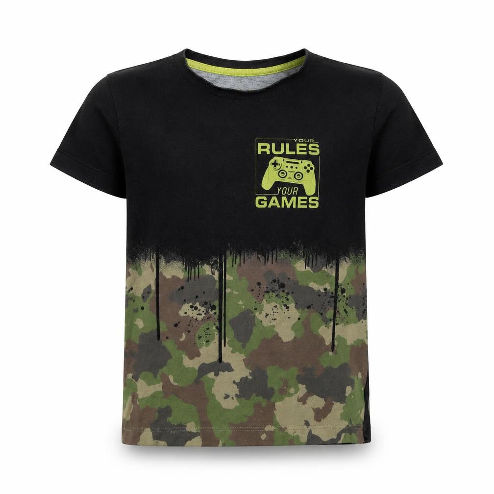 Front view of Matalan boys’ black camouflage polyester basic t-shirt, size 5, years crew neck - your rules