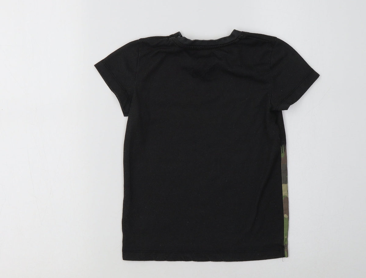Back view of Matalan boys’ black camouflage polyester basic t-shirt, size 5, years crew neck - your rules