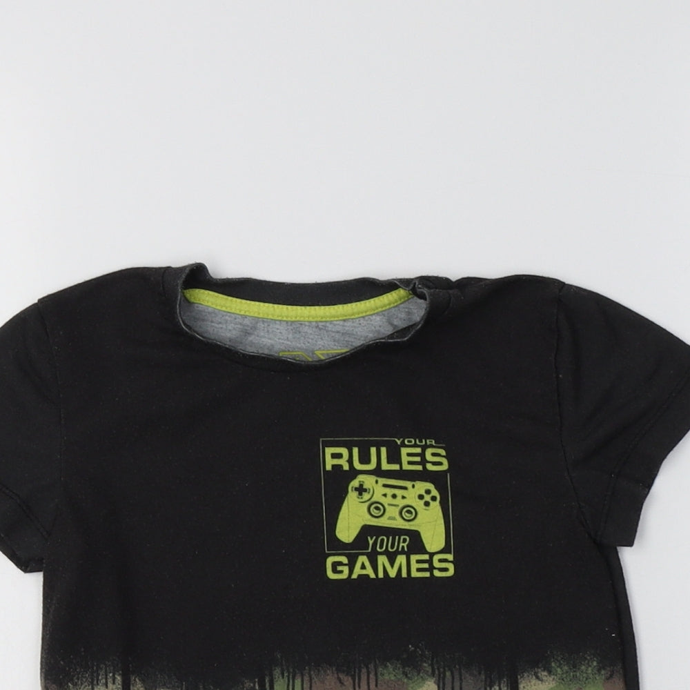 Close-up detail of Matalan boys’ black camouflage polyester basic t-shirt, size 5, years crew neck - your rules
