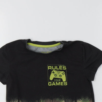 Close-up detail of Matalan boys’ black camouflage polyester basic t-shirt, size 5, years crew neck - your rules