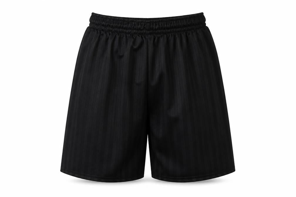 Front view of Preworn boys’ black striped polyester sweat shorts, size 9-10, years regular