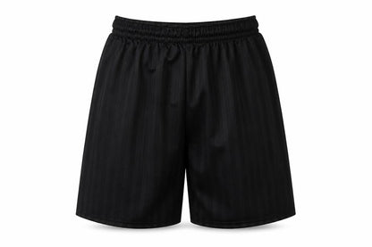 Front view of Preworn boys’ black striped polyester sweat shorts, size 9-10, years regular