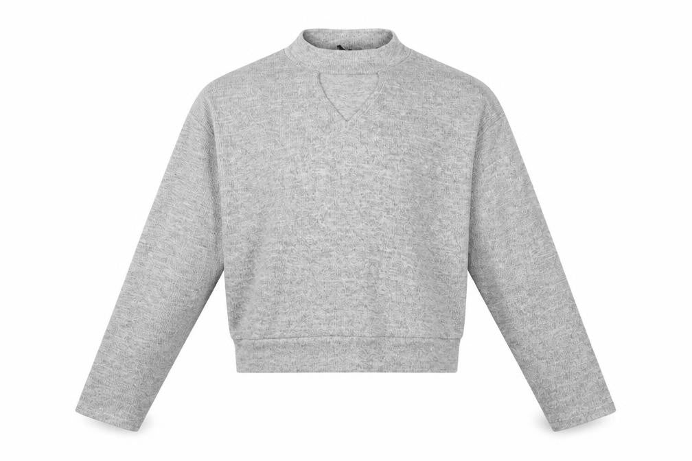 Front view of New Look girls’ grey mock neck polyester jumper, size 12-13, years