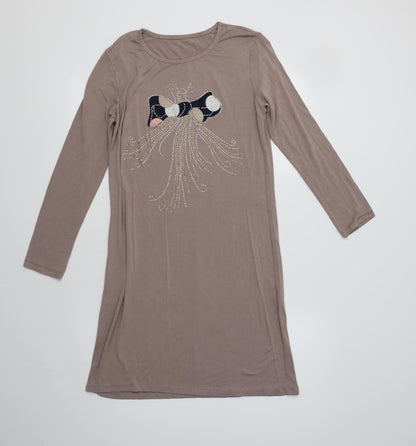 Angel Cup Womens Beige  Viscose Tunic Blouse Size S Crew Neck