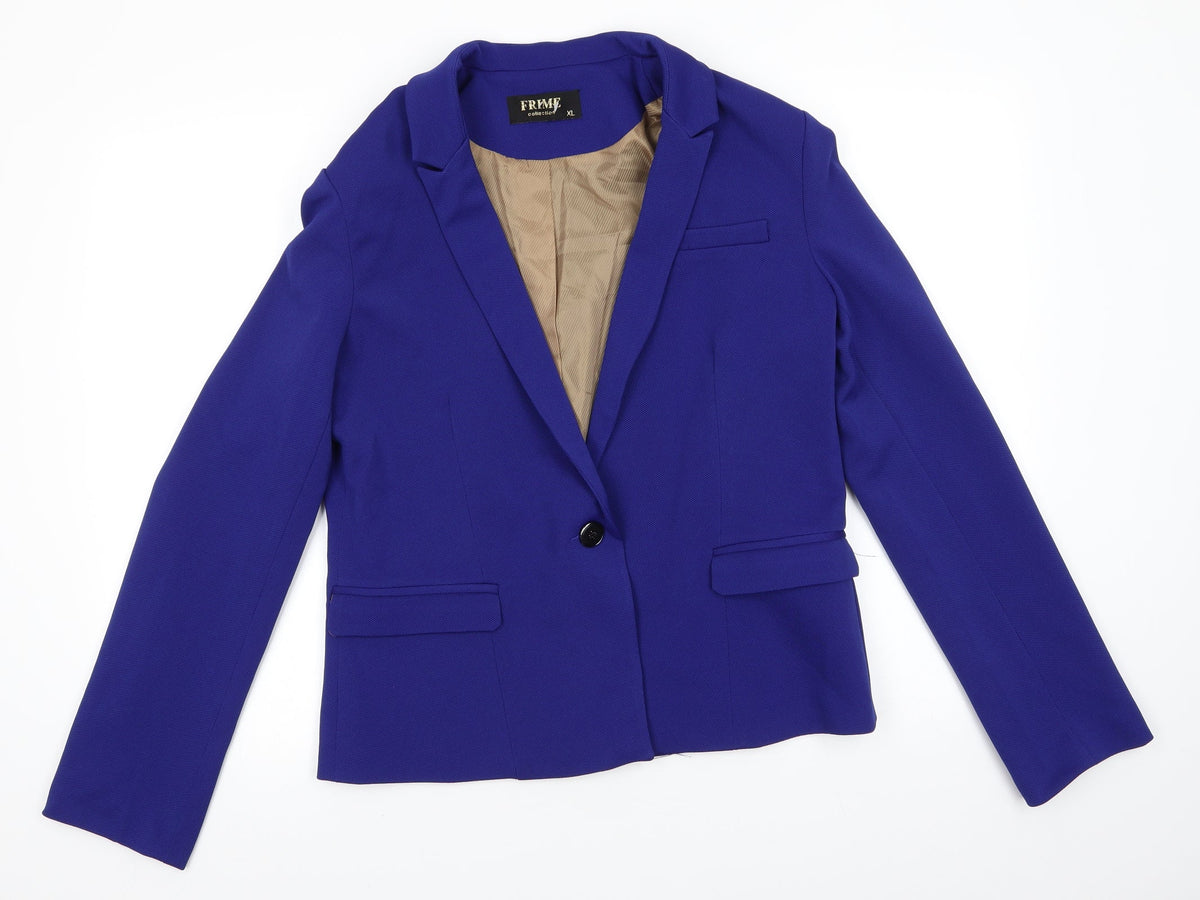 Front view of Frime Collection women’s blue polyester jacket suit jacket, size XL, - mid blue