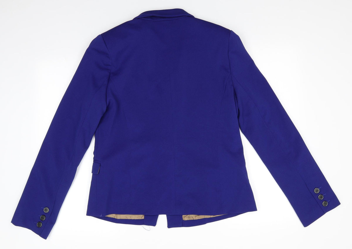 Back view of Frime Collection women’s blue polyester jacket suit jacket, size XL, - mid blue