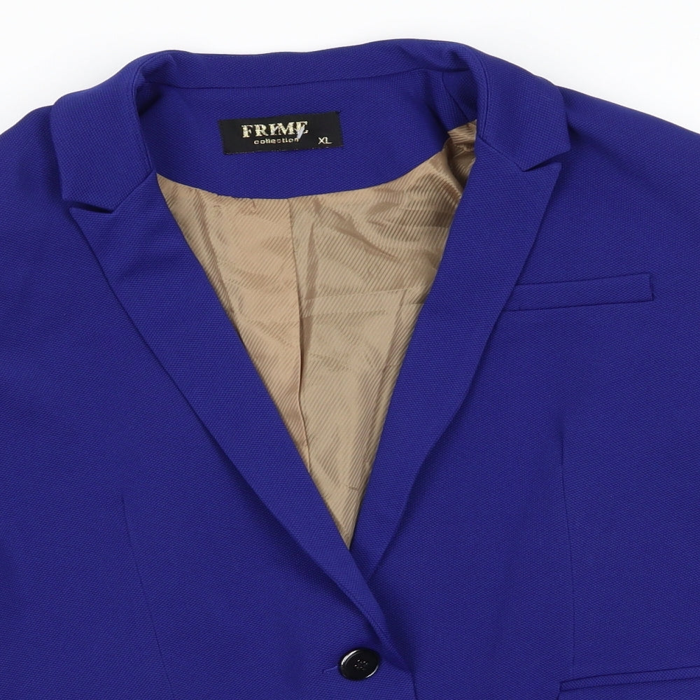 Close-up detail of Frime Collection women’s blue polyester jacket suit jacket, size XL, - mid blue