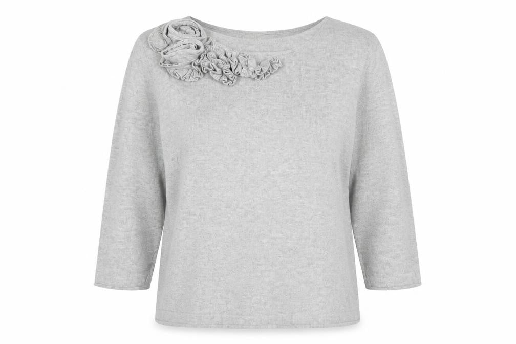 Front view of Soon women’s grey round neck floral viscose jumper, size UK 18, - light grey 3d flower decoration