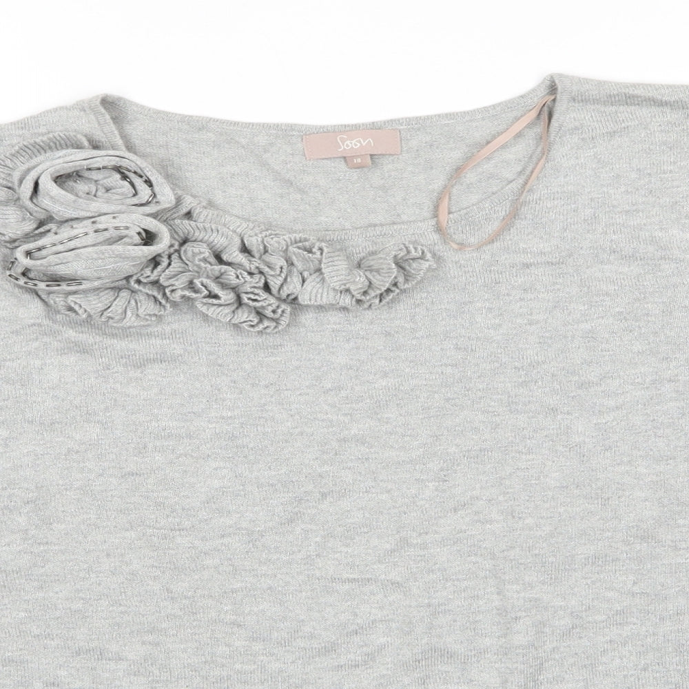 Soon Womens Grey Round Neck Floral Viscose Pullover Jumper Size 18   - Light Grey 3D flower decoration