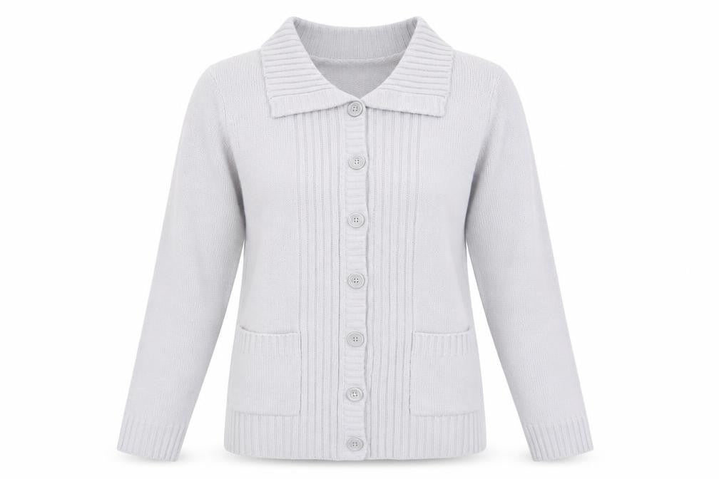 Front view of Preworn women’s grey collared acrylic cardigan jumper, size UK 10, - light grey