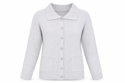 Front view of Preworn women’s grey collared acrylic cardigan jumper, size UK 10, - light grey