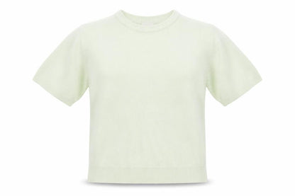 Front view of Essentials women’s green round neck acrylic jumper, size UK 10, - pale green