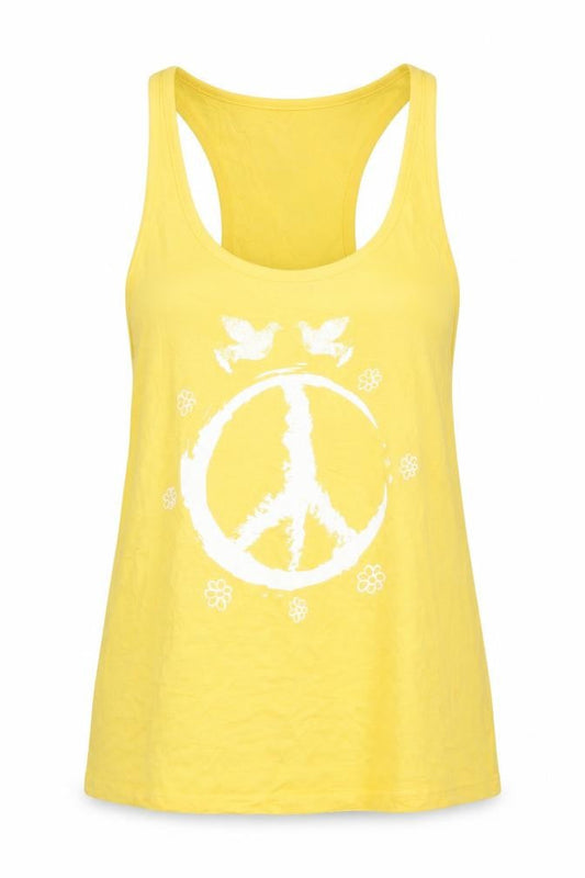 Front view of Nastrovje Potsdam women’s yellow cotton basic tank, size M, scoop neck - white flowers