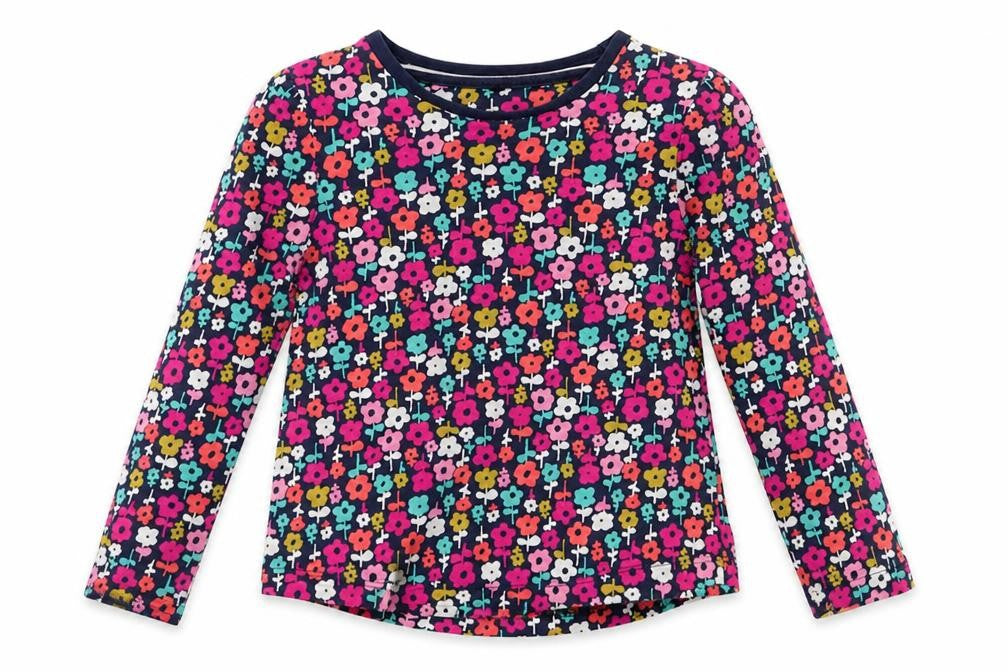 Front view of George girls’ blue floral cotton basic casual, years round neck - pink green orange blue white flowers