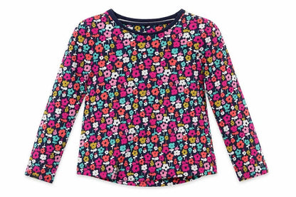 Front view of George girls’ blue floral cotton basic casual, years round neck - pink green orange blue white flowers
