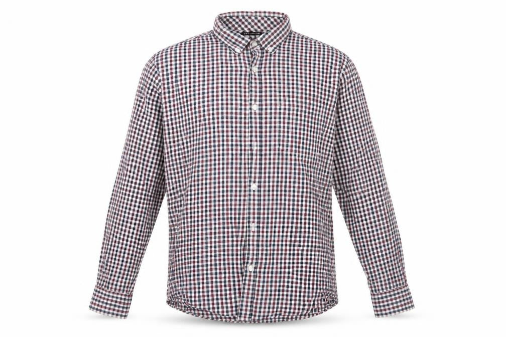 Front view of F&F men’s blue check cotton button-up, size M, collared - buttoned collar blue brown white checks