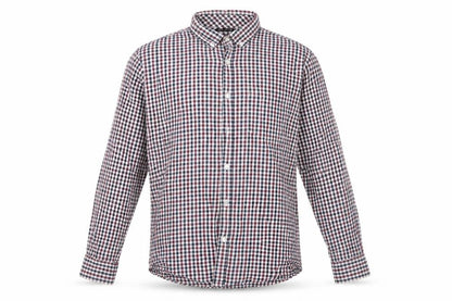 Front view of F&F men’s blue check cotton button-up, size M, collared - buttoned collar blue brown white checks