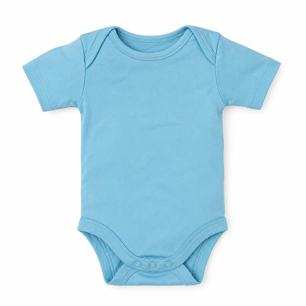 Front view of Lily & Dane boys’ blue cotton babygrow one-piece, size 0-3, months