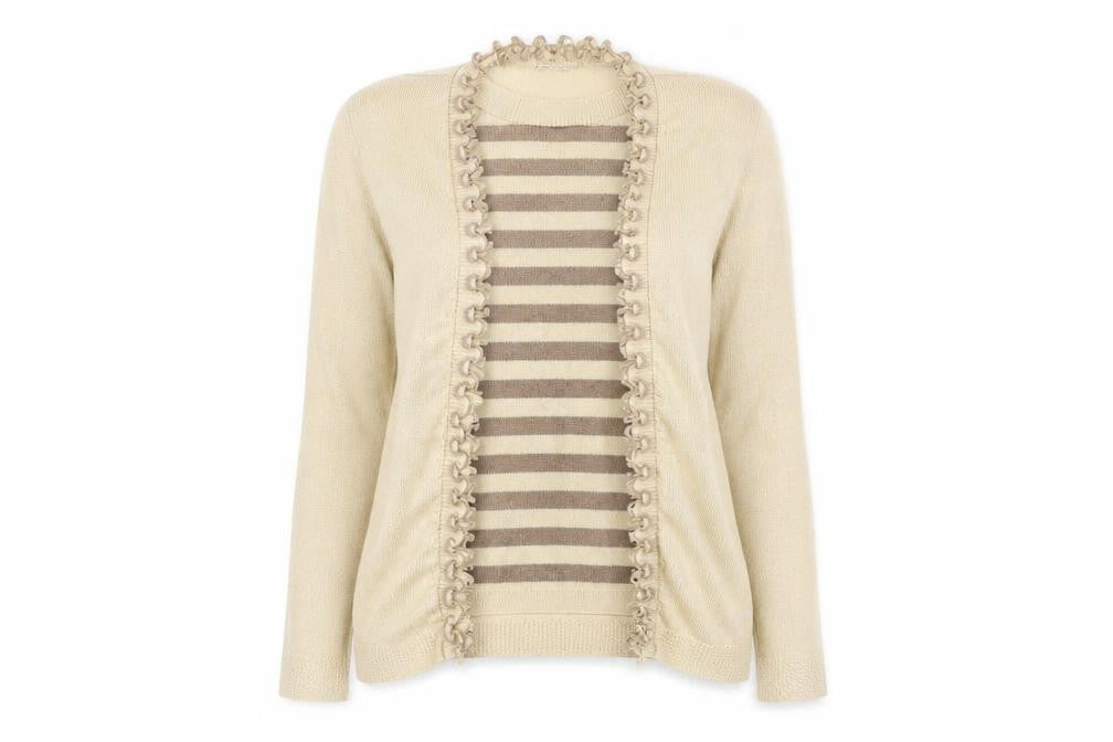 Front view of Future Lady women’s beige round neck striped elastane cardigan jumper, size M