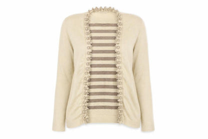 Front view of Future Lady women’s beige round neck striped elastane cardigan jumper, size M