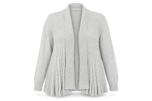 Front view of Remel women’s grey round neck cotton cardigan jumper, size XL