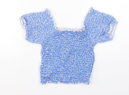 915 Girls Blue Floral Cotton Basic Blouse Size 10-11 Years Square Neck