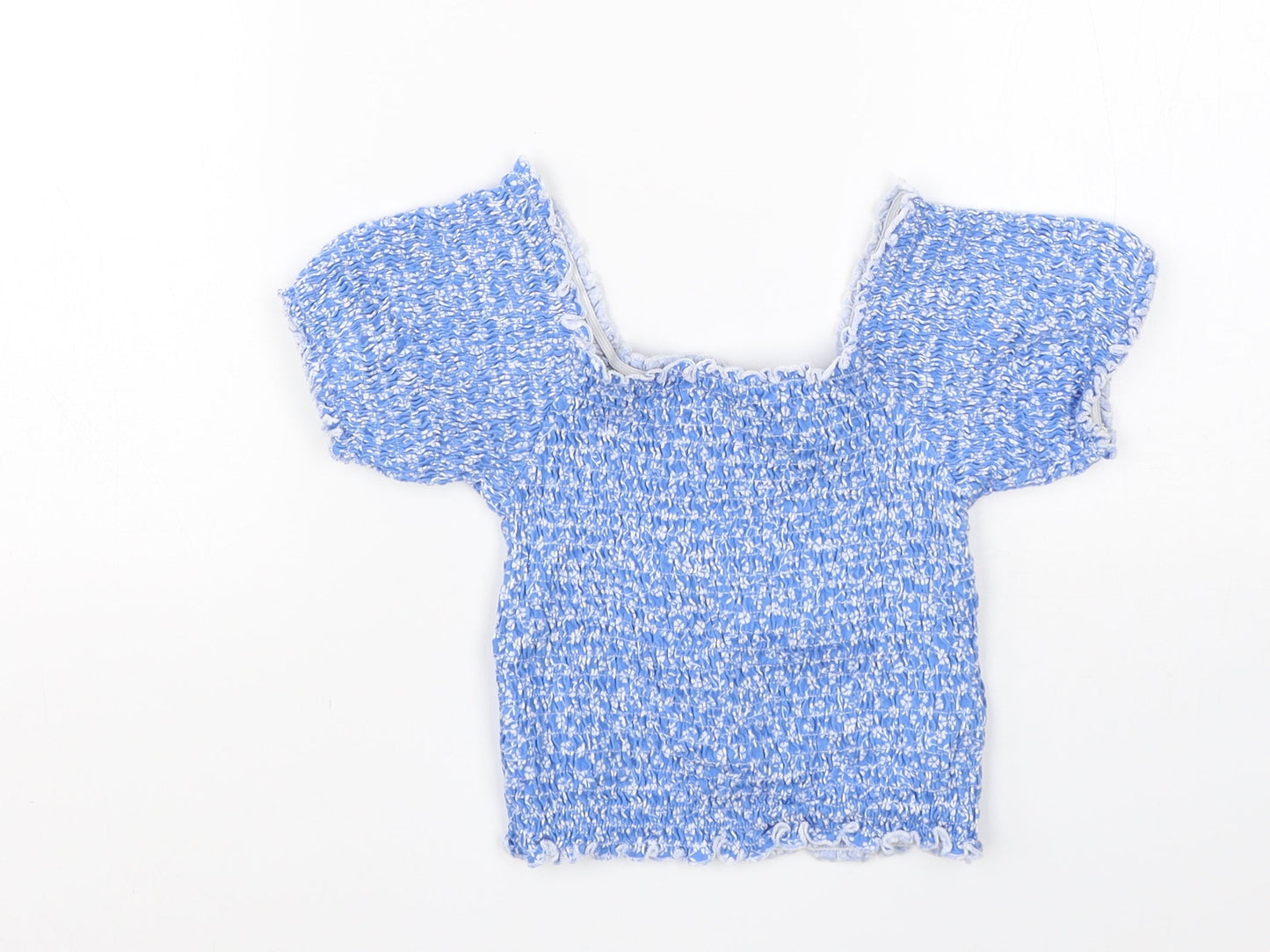 915 Girls Blue Floral Cotton Basic Blouse Size 10-11 Years Square Neck