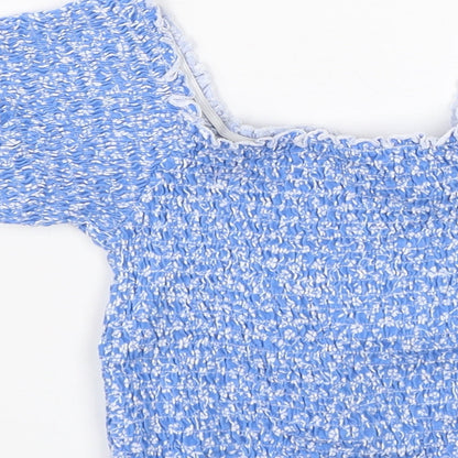 915 Girls Blue Floral Cotton Basic Blouse Size 10-11 Years Square Neck