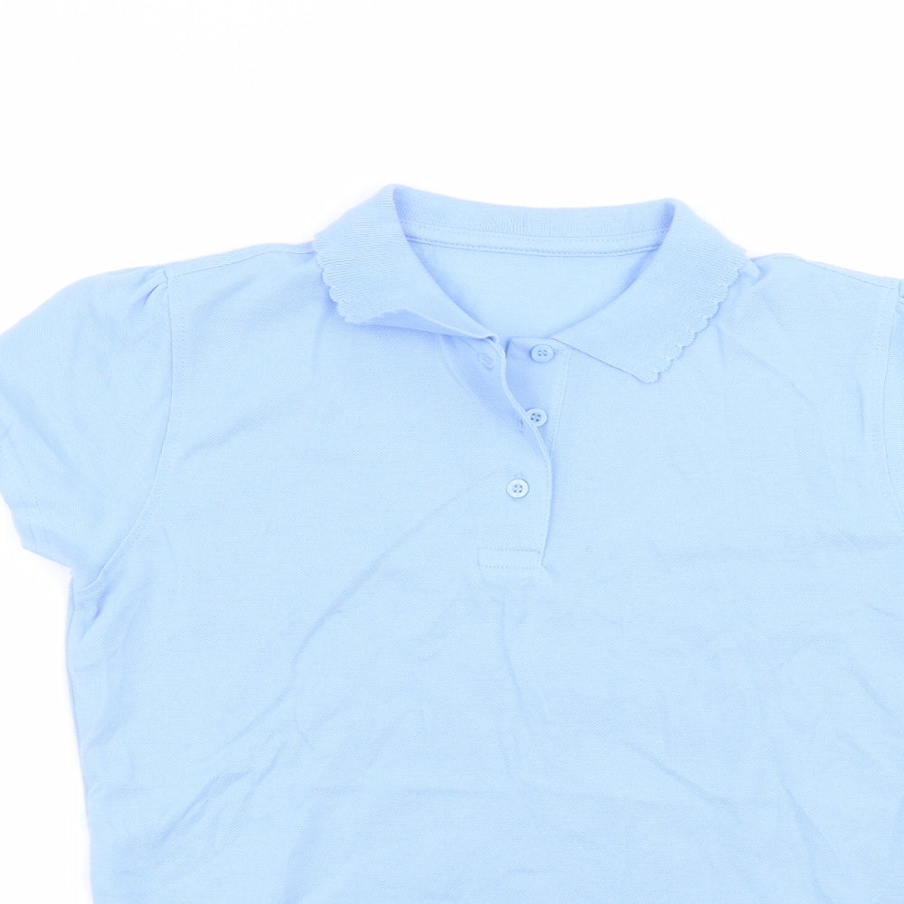 Close-up detail of George girls’ blue cotton basic polo, size 10-11, years collared