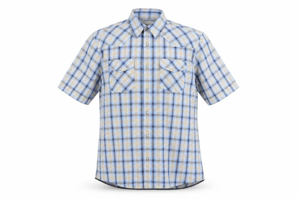 Front view of Cherokee women’s blue cotton basic button-up, size L, collared