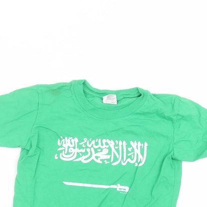 Close-up detail of Gilden boys’ green cotton basic t-shirt, size S, round neck
