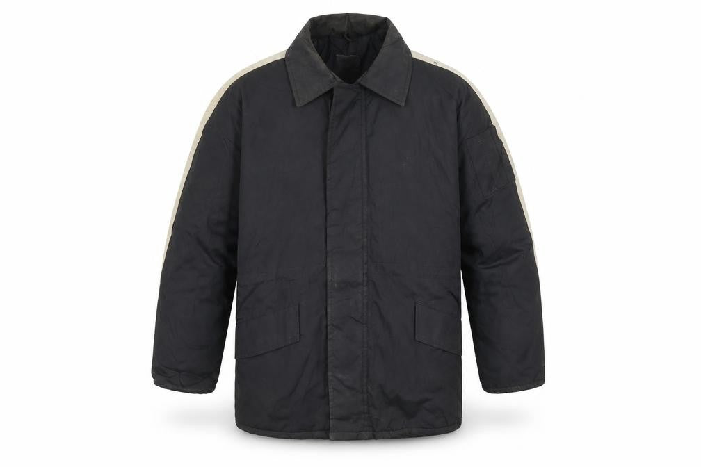 Front view of IOMA men’s black overcoat coat, size M