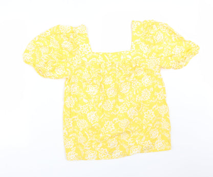 F&F Womens Yellow Floral Cotton Basic T-Shirt Size 8 Square Neck