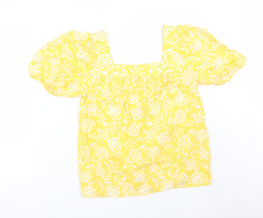 F&F Womens Yellow Floral Cotton Basic T-Shirt Size 8 Square Neck
