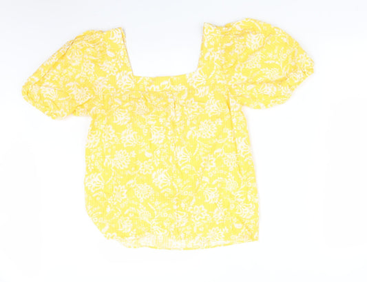 F&F Womens Yellow Floral Cotton Basic T-Shirt Size 8 Square Neck