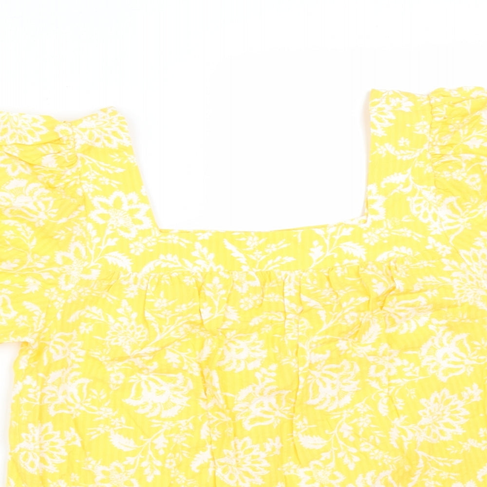 F&F Womens Yellow Floral Cotton Basic T-Shirt Size 8 Square Neck