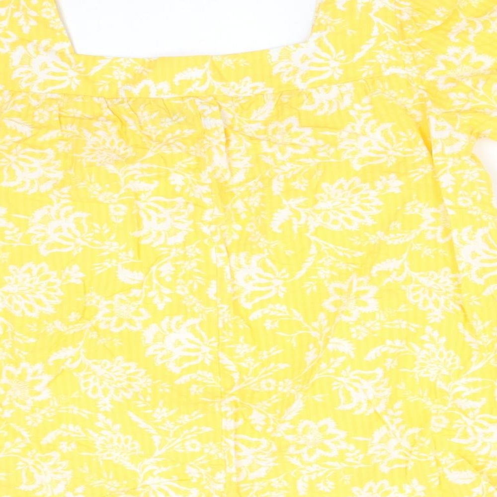 F&F Womens Yellow Floral Cotton Basic T-Shirt Size 8 Square Neck