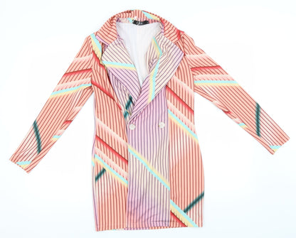 Additional front view of CBR women’s pink striped overcoat jacket, size UK 8