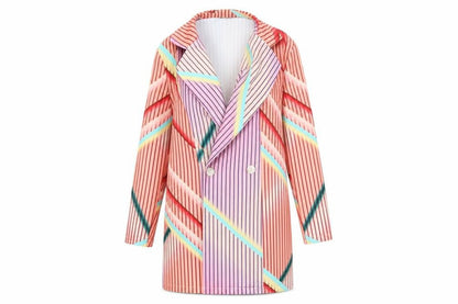Front view of CBR women’s pink striped overcoat jacket, size UK 8